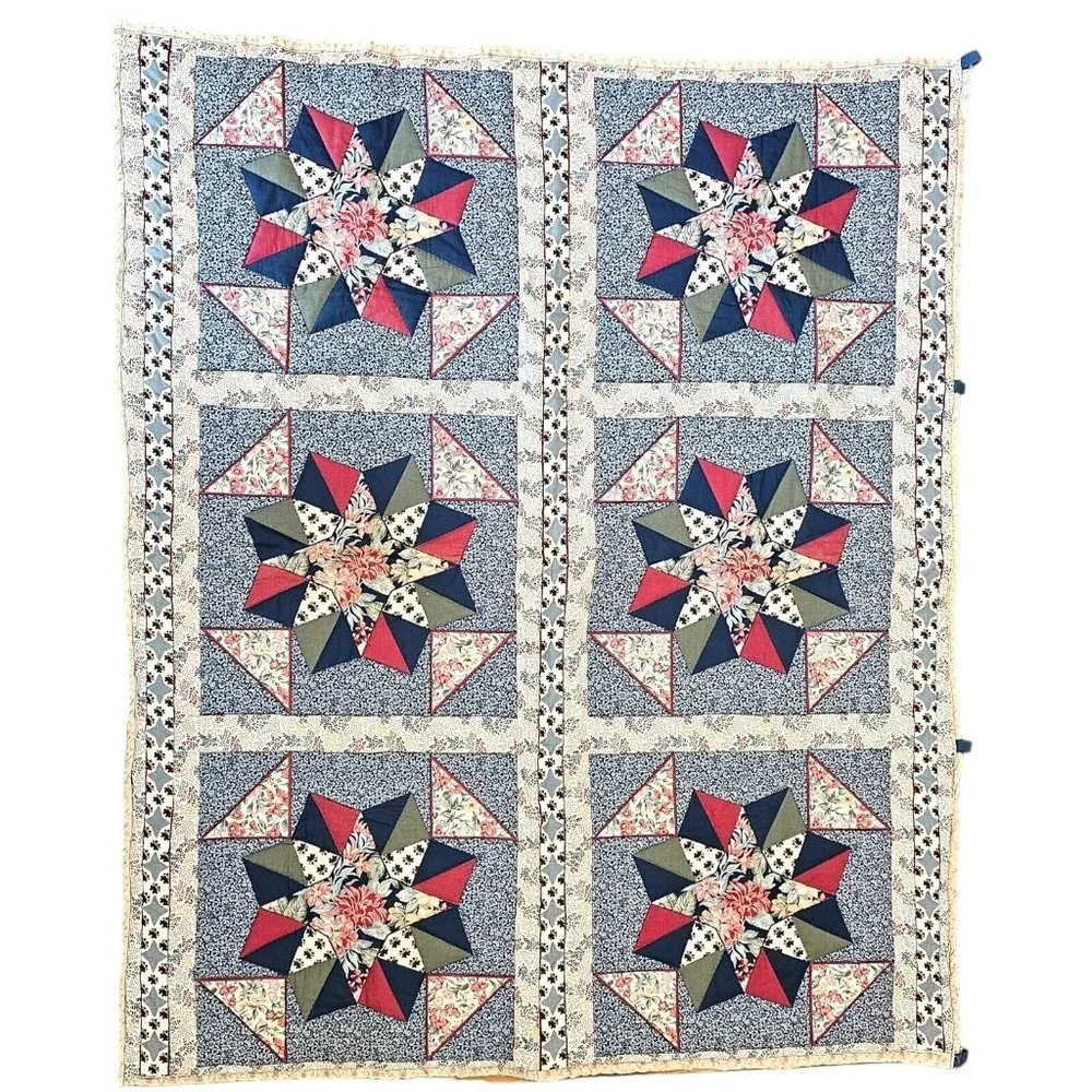 Vintage 90s Hand Stitched Star Quilt Tapestry Wall‎ Hanging Blue Roses Red 44x52
